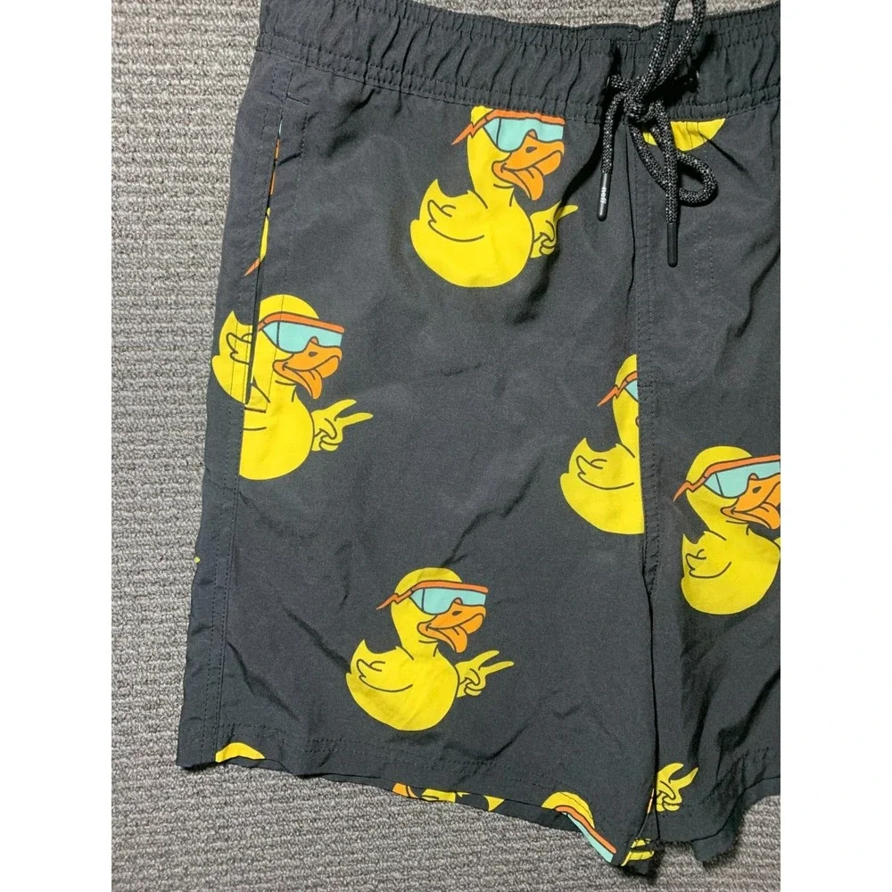Neff Board Shorts Mens L Yellow Ducky Duck Lightweight Stretch Black Beach Swim